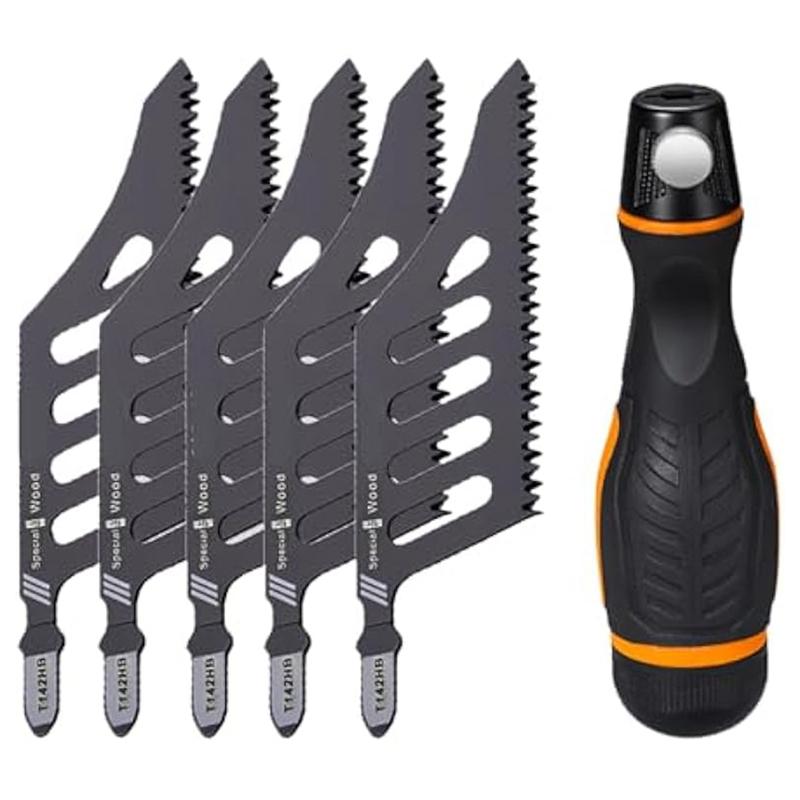 

High Carbon Steel For Softwood Fiberboard Plywood Flush Cutting Jigsaw 5Pcs Irregular Curve Saw Blades With Handle