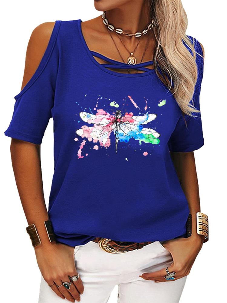 Women Fashion Short Sleeve T-shirt Casual Round Neck Summer Tee Shirt Print Off Shoulder Top