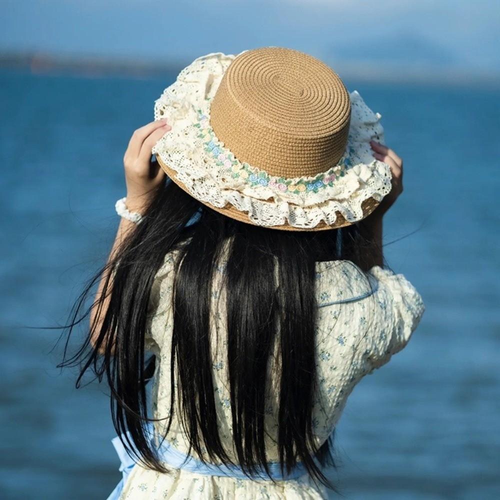 Sweet Large Brim Straw Sun Hat with Lace Trim UV Protection Lace Ribbon Bucket Hat Sun Protection Beach Sunshade Hat Summer