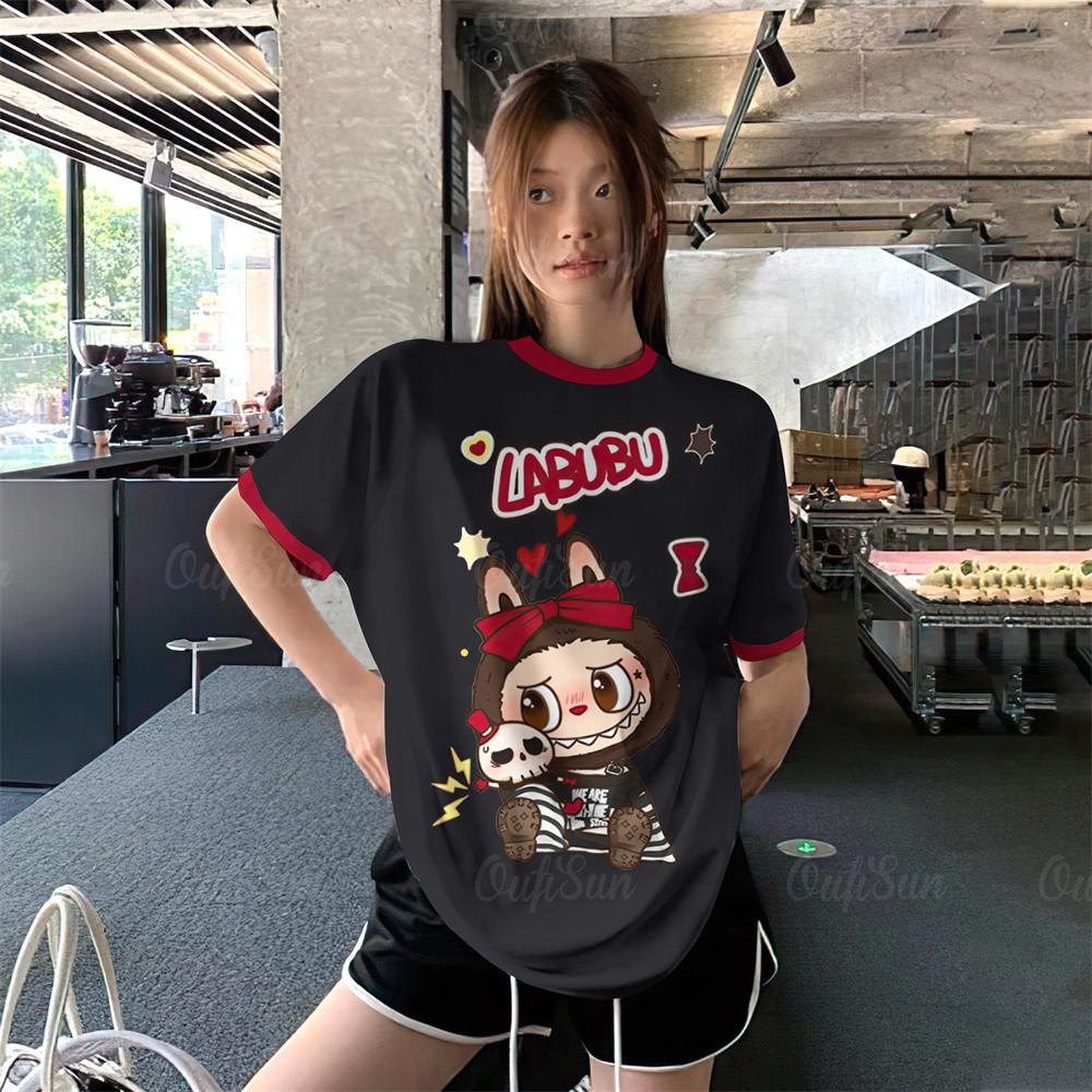 Fashion trend LABUBU printing style short-sleeved T-shirt summer cartoon top
