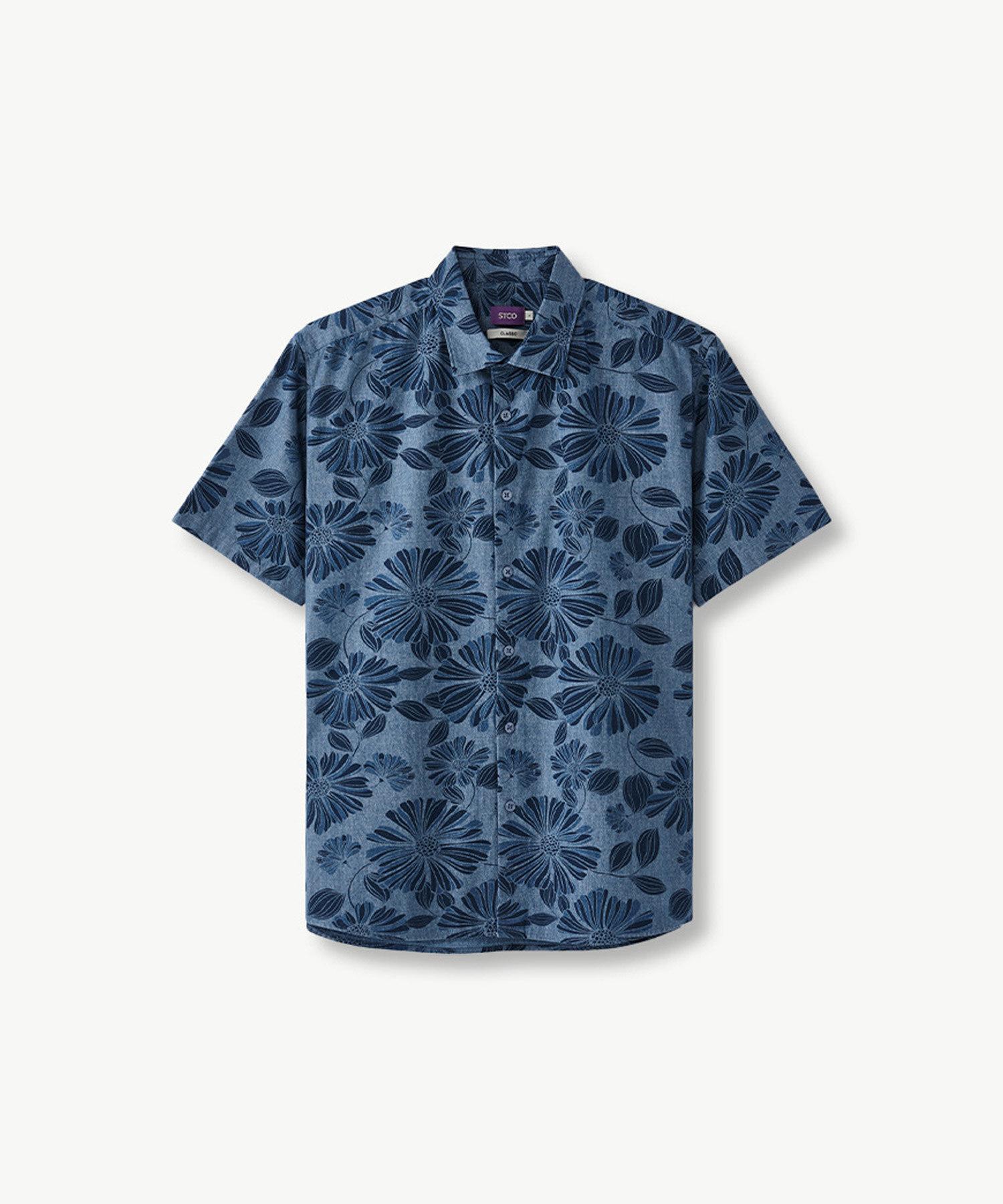 Stico Flower Denim Print Short Sleeve Shirt Blue (Classic Fit)_Sdsvb66Cfl Blue/M