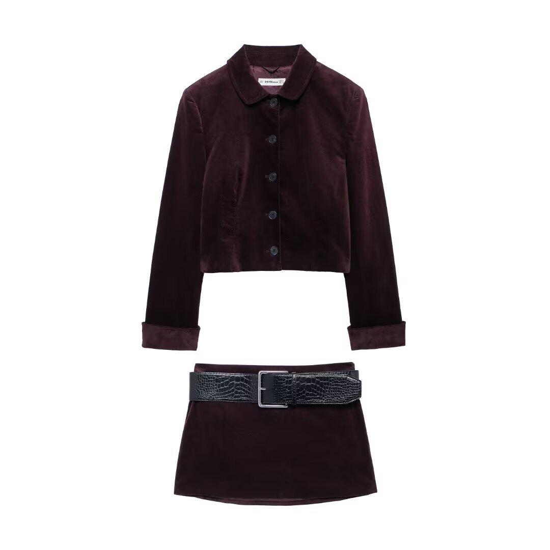 

2024 Autumn Women s Velvet Suit Jacket & Belted Low-Rise Mini Skirt Small