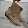 Cowhide version niche pointed short boots western cowboy boots women's thick heel belt buckle leather boots martin boots