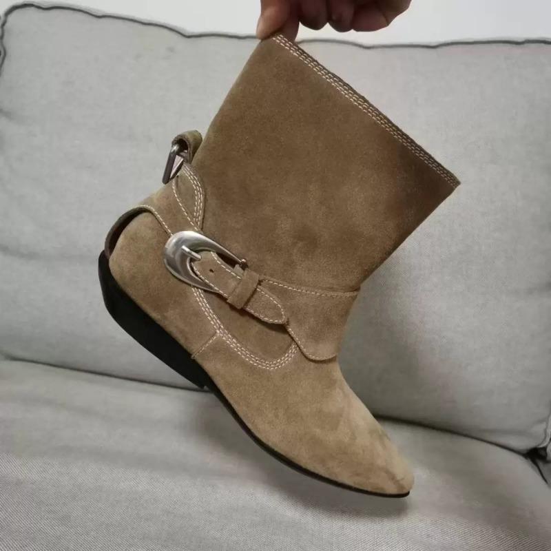 Cowhide version niche pointed short boots western cowboy boots women's thick heel belt buckle leather boots martin boots