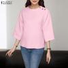 Blusa feminina casual gola redonda cor sólida solta manga 3/4