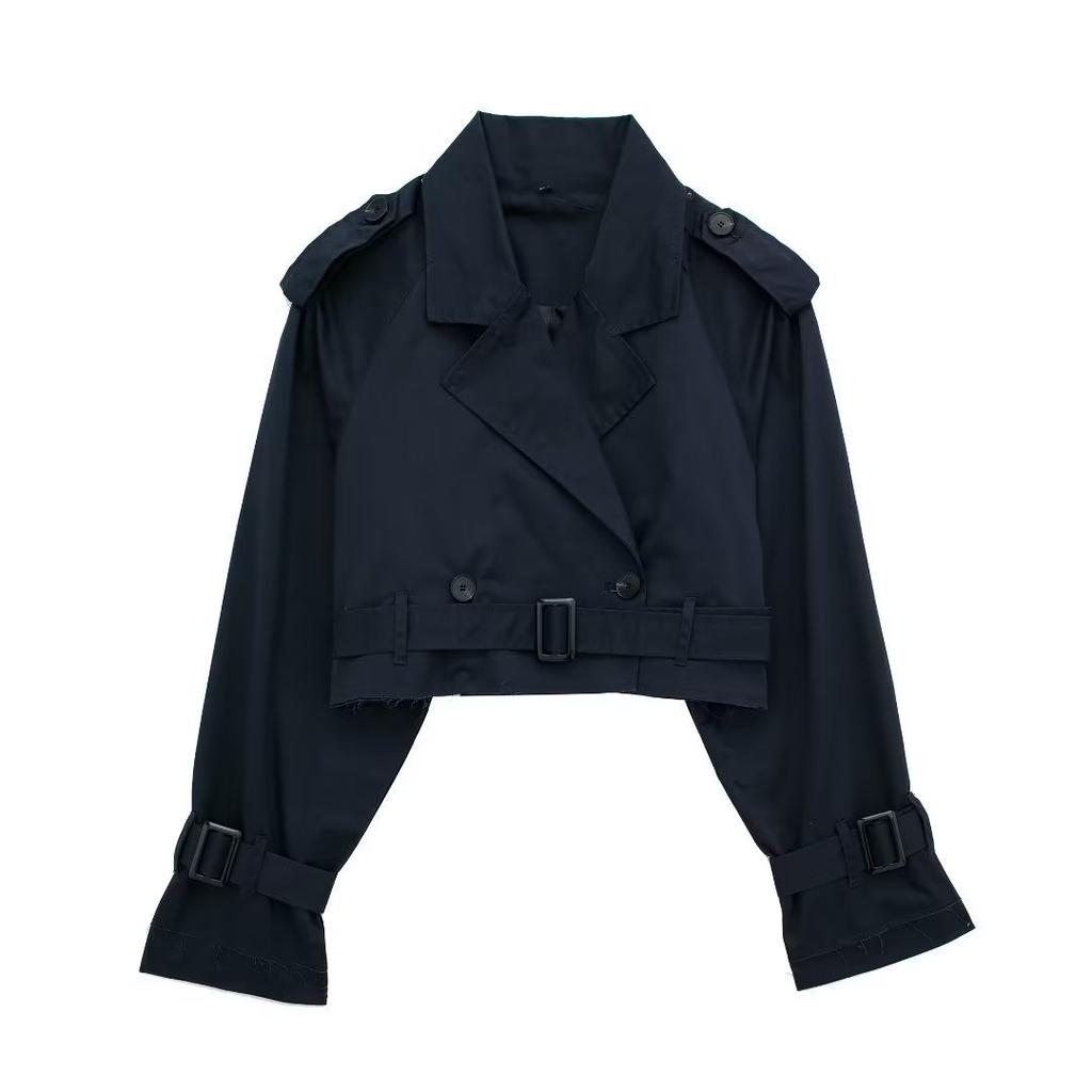 Women Fashion Belt Cropped Trench Jacket Vintage Notched Neck Long Sleeve Female Chic Lady Coat Outfits