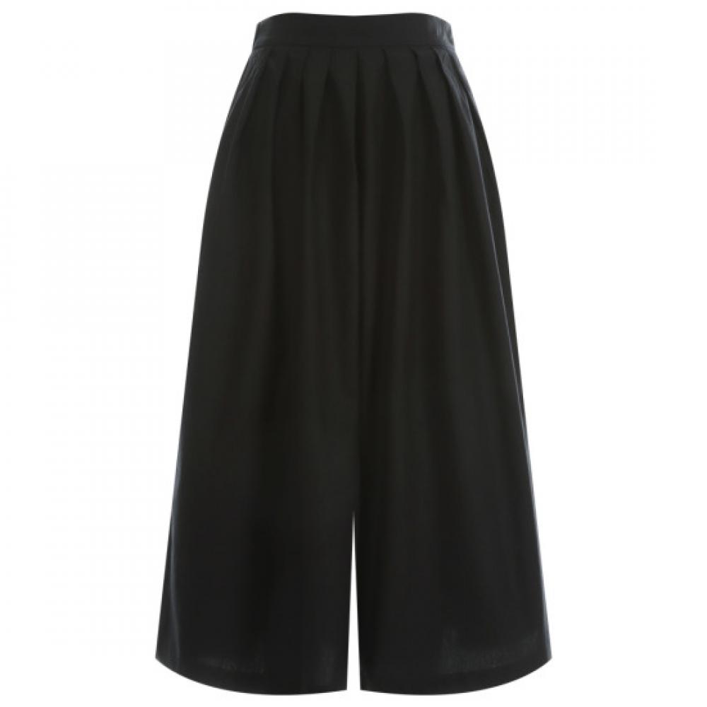 Shop Women Front Pleats Back Elastic Culotte Wide Skirt Pants Black Lem Wpt