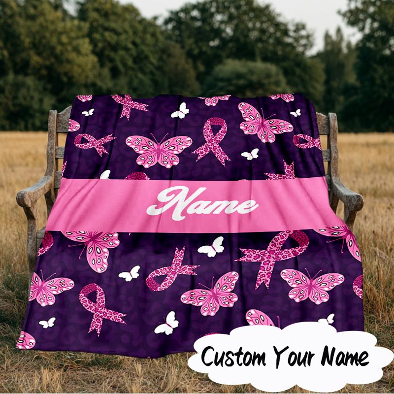 Custom Name Pink Ribbon Butterfly Blanket Ideal Bedding Blanket Perfect for Travel, Camping, Living Rooms, Offices, Sofas, Fan Christmas gift