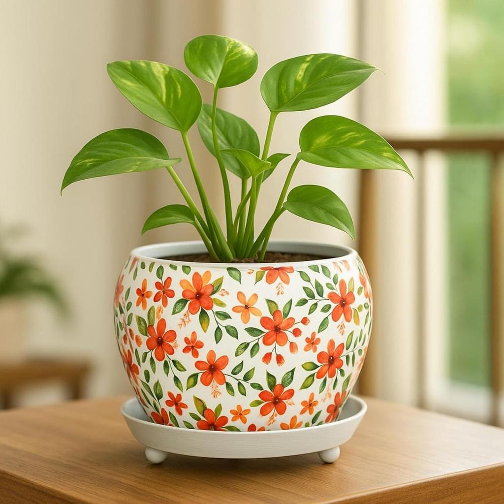 5 tommer, Lily Designer Blad Metall Plantepotte med Skålfat | Innendørs Utendørs Hjemmedekorasjon for Hageplanter Blomst, Balkong, Terrasse, Stue