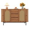 Credenza Ovale con Rattan, Ante Scorrevoli, Ante e Cassetti, Scomparti Regolabili, Effetto Legno, Gambe in Metallo, Mobile Contenitore Multifunzionale
