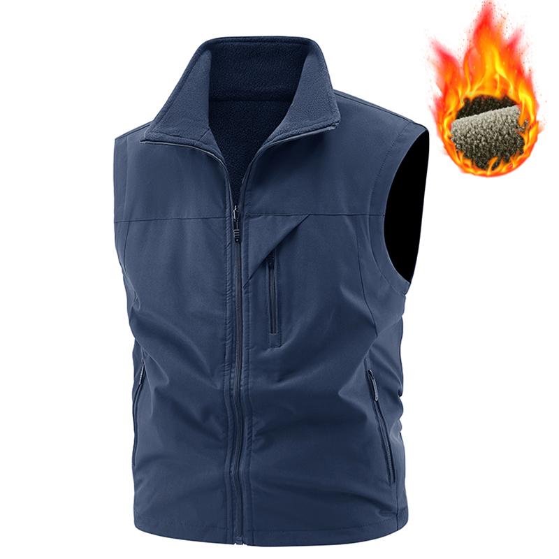 Men Winter Fleece Warm Vest Jacket Men Outdoor Windproof Photographer Fishing Waistcoat Stand Collar Double-Sided Vest Male