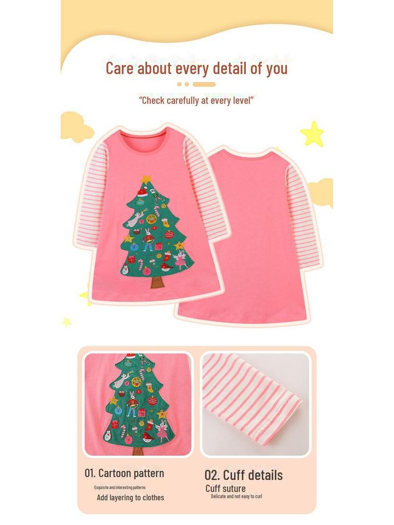 Mädchen Langarm Strick Baumwolle Cartoon Weihnachtsbaum Prinzessinnenkleid im europäischen und amerikanischen Stil für den Herbst