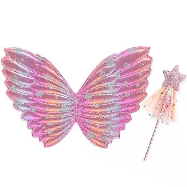 Girls Fairy Wings and Wand Fancy Dress Set Butterfly Wings Fairy Magic Wand Glitter Fairy Dress Up Fancy Accessory Costume for Girls Party Costume