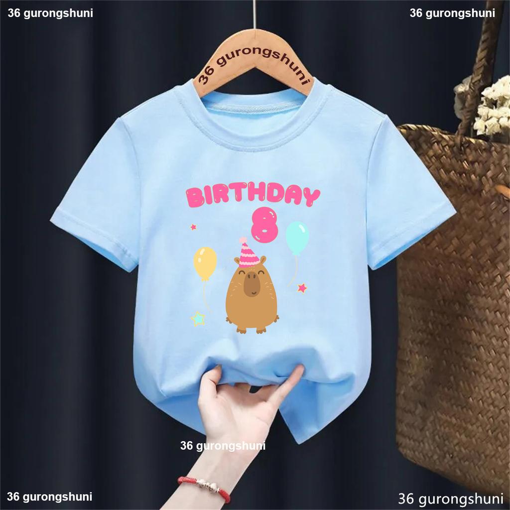 5th/6th/7th/8th/9th Birthday Capybara Balloon Printed Tshirt Girls/Boys Funny Kawaii Kids Clothes Fashion Solid T-Shirt Tops