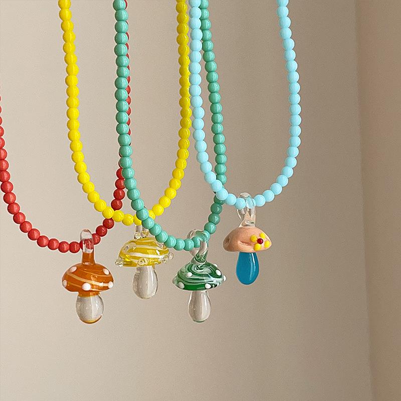 Glazed Beaded Resin Mushroom Pendant Necklace Simple Small Fresh Collarbone Chain Korean Ins Temperament Jewelry Women