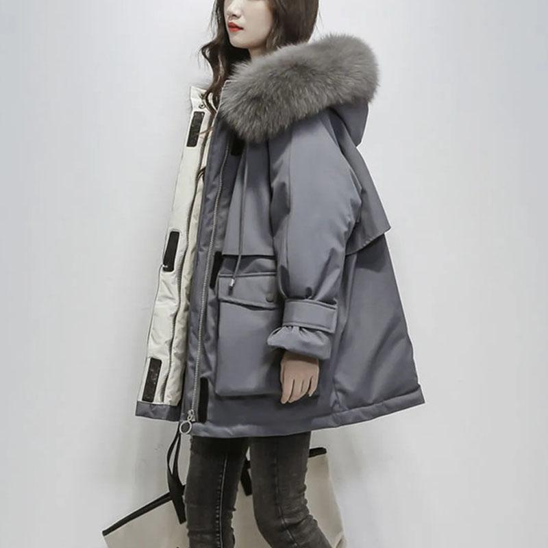 Women Winter Jacket Fur Collar Hooded Cotton Padded Coat Loose Warm Thicken Parka Fluffy Overcoat Snow Wear Outwear