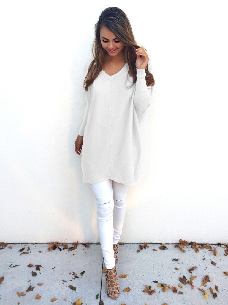 Sweet Girly Vneck Pullover Long Sleeve Top Womens Slim Fit Polyester Autumn Casual