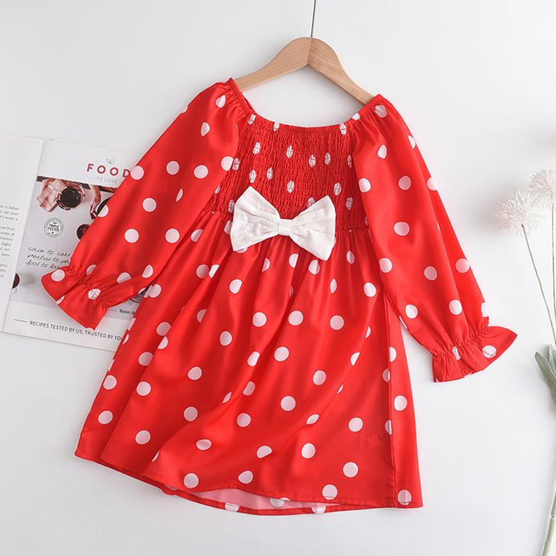Girls Spring Autumn Polka Dot Dress Square Neck Long Lantern Sleeve Bow Tie Waist Princess Dress For Kids 90cm красный