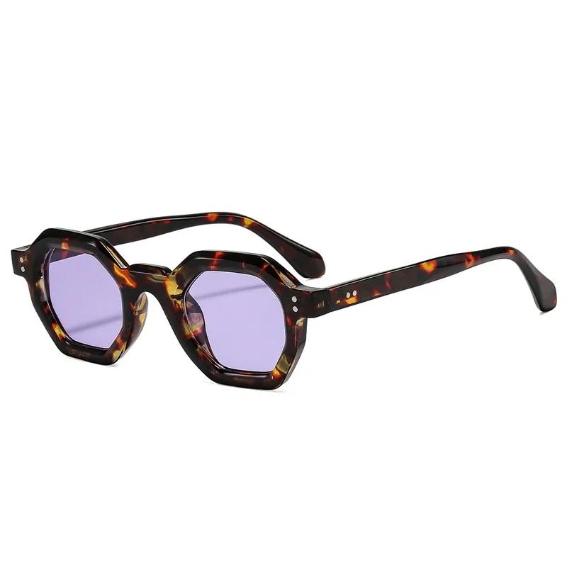 Fashion Polygon Small Square Women Sunglasses Retro Rivets Men Leopard Shades UV400 2025 Trending Blue Purple Sun Glasses