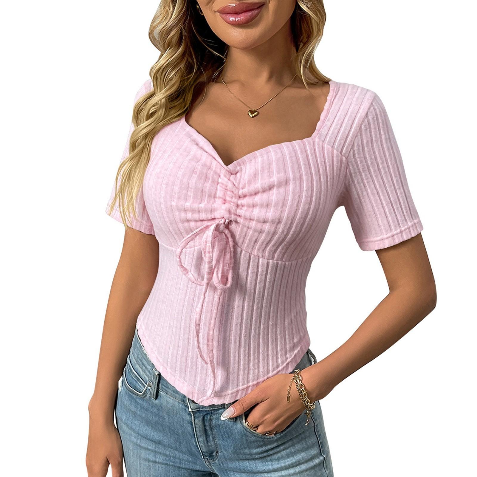 

Женская мода однотонный V-образный вырез плиссированный шнурок сексуальный короткий рукав топ M розовый