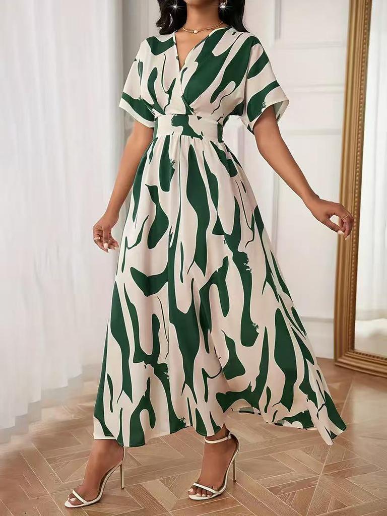 Elegant V-neck Waist-cinching Digital Print Women's Dress