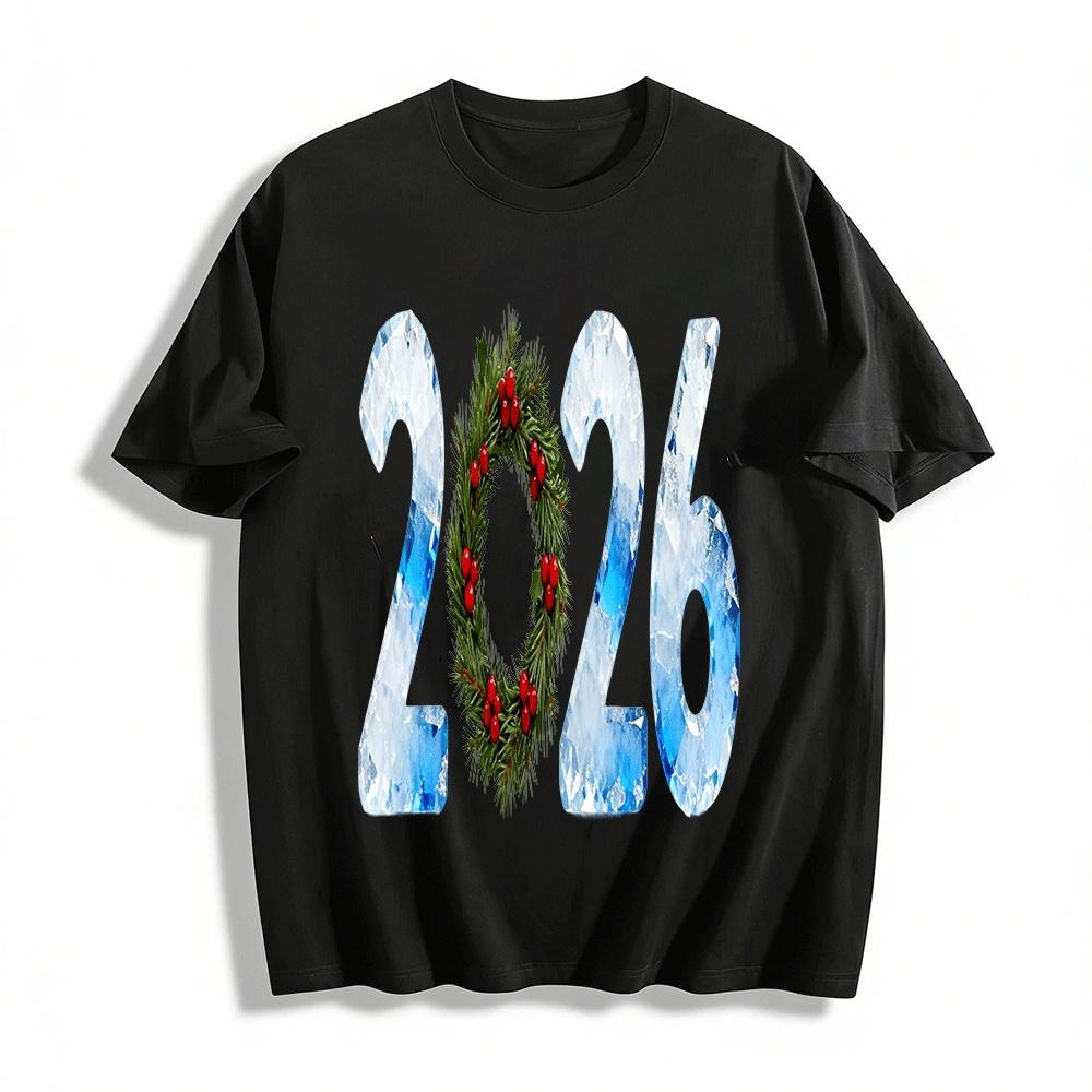

2026 Christmas Ice Snow Number Print Casual Holiday Top Pure cotton T-shirt XXS