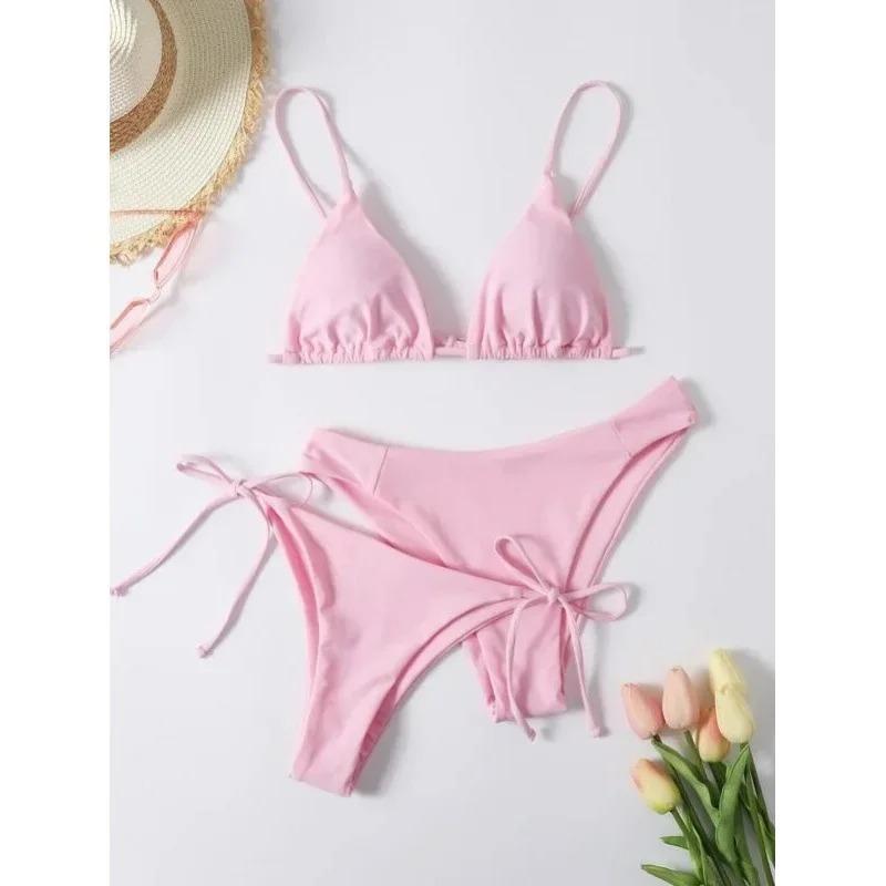 Bikini Sexy 3 Pezzi Donna Monocolore Fascia Divisa Triangolo Costume da Bagno Biquini Brasiliano Femminile Costume da Bagno Estivo per Vacanze in Spiaggia