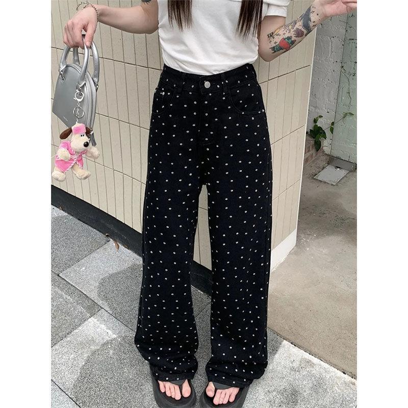

Черные джинсы прямого кроя в цветочный горошек, женские, весна и лето, новый дизайн, высокая посадка, драпирующиеся брюки в пол XL чёрный