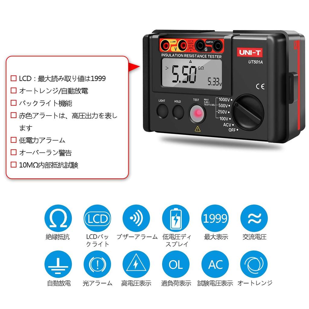 UNI-T Insulation Resistance Meter, Digital Megger, Insulation Tester with LCD Backlight, 100V/250V/500V/1000V, UT501A