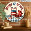 2D Flat, 1pc Retro Vintage 4th of July Sign, Patriotic American Flag Cake Cup Coffee Cherry Jug Decor, Round Aluminum Metal Sign, 4th of July