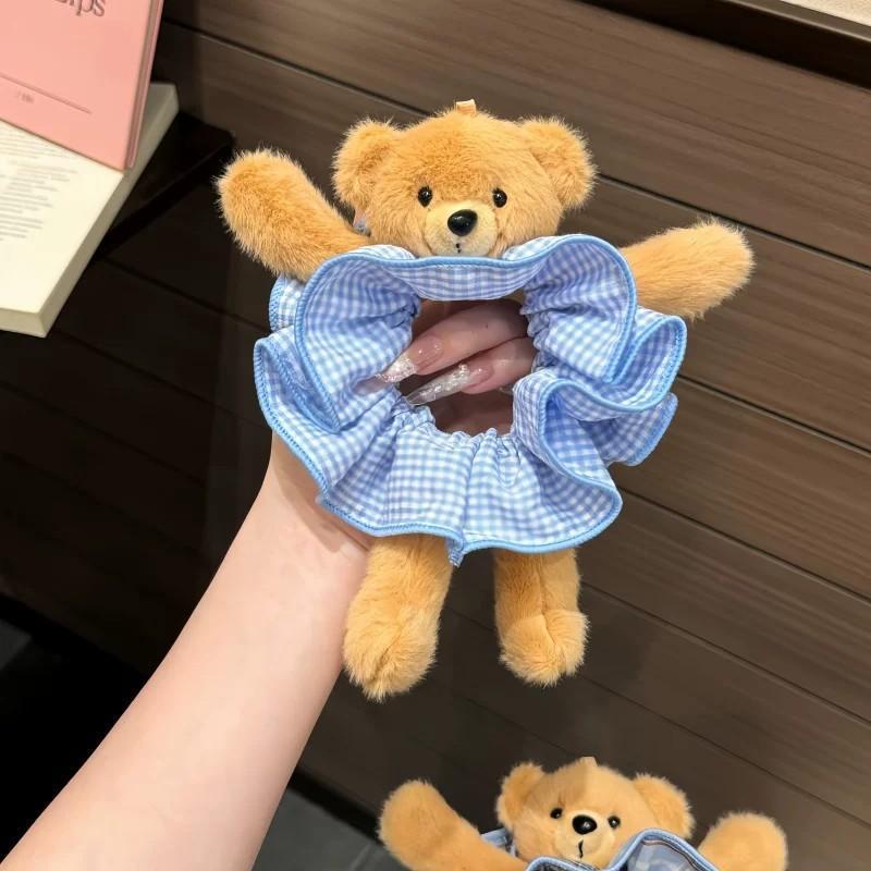 Women Plush Bear Plaid Large Intestine Headband Sweet Cute Funny Fashionable Headband Versatile Harajuku Hair Accessories