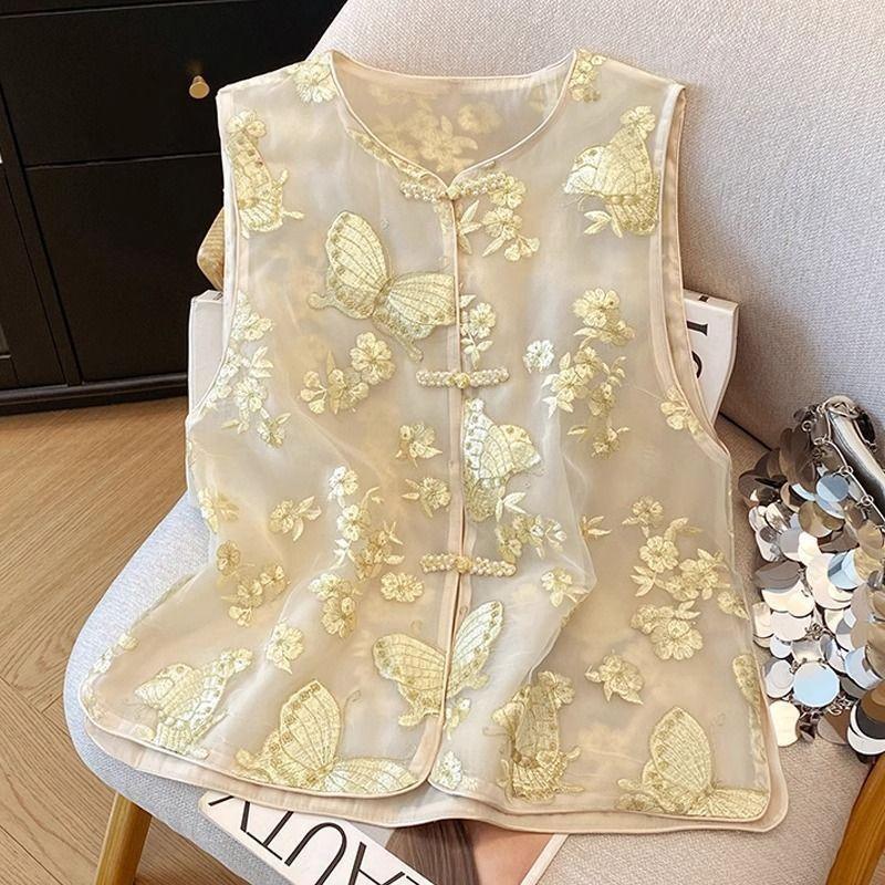 Button embroidered vest women's summer vest temperament beautiful niche design top