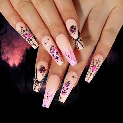 Halloween Pink Flame French Long Press-On Nail Tips with Spider Web, Heart, and Pumpkin Designs