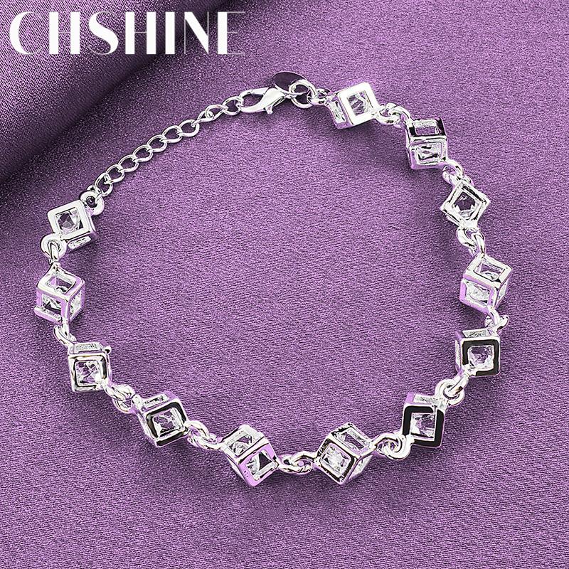 

CHSHINE Браслет из стерлингового серебра 925 пробы с квадратным белым кристаллом для женщин, свадебный, модный, шарм, ювелирное украшение 20cm