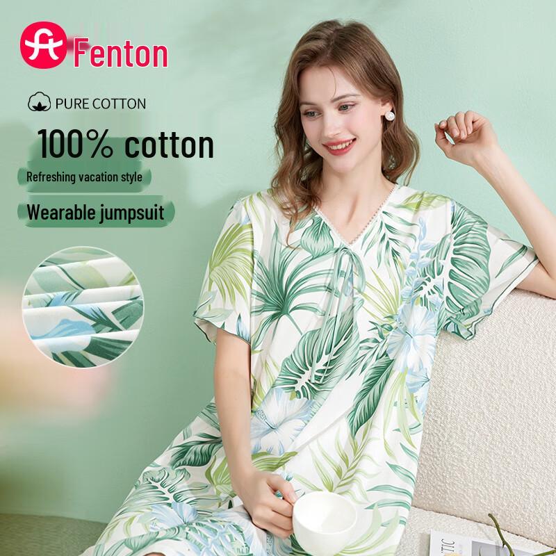 Fenteng Women s Elegant Floral Cotton Short-Sleeve Nightdress M