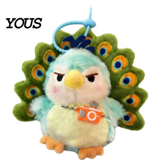 Easy Attach Bag Charm Peacock Plush Keychain, Cute Green Stuffed Animal Charm, Soft Fashionable Backpack Pendant for Women Girls, Handbags Schoolbags