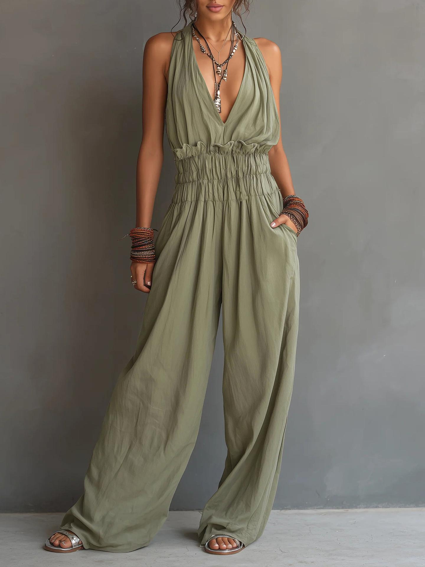 Women Halter Neck Wide Leg Jumpsuit Solid Color Pocket Casual Loose Fit Backless Playsuit S