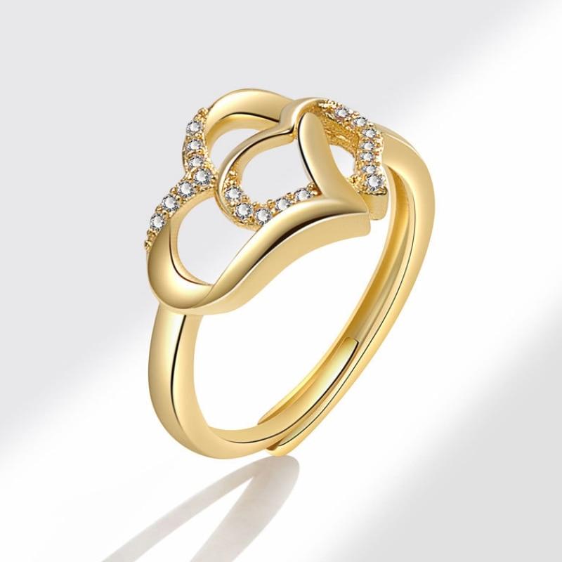 ANENJERY Double Love Heart Shiny Zircon Ring For Women Romantic Sweet Ring Wedding Engagement Jewelry Party Accessories