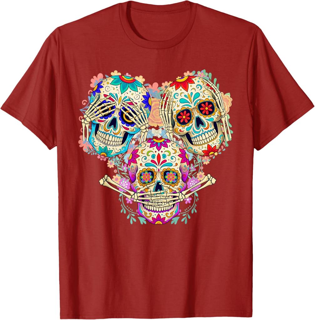 Sugar Skull Three Wise Monkeys Day of The Dead Graphic Tee Breathable Men Casual Trip T-Shirt