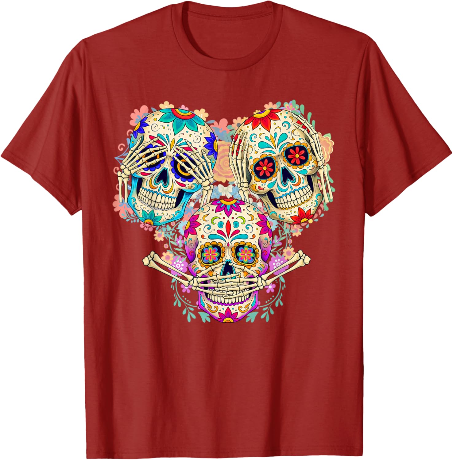 Sugar Skull Three Wise Monkeys Day of The Dead Graphic Tee Breathable Men Casual Trip T-Shirt S