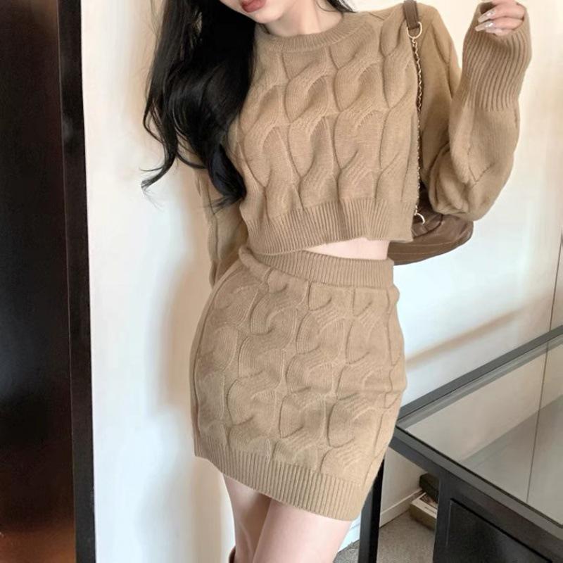 Women's Cable Knit Sweater & Skirt Set - Slim Fit Long Sleeve Top with High Waist Short Skirt