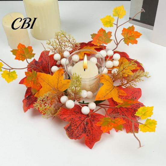 Pillar Candle Holder Autumn Fall Rings Wreaths, Artificial Maple Leaf Ring for Berry And Pumpkin Decor Holder, Thanksgiving Halloween Home Party Table