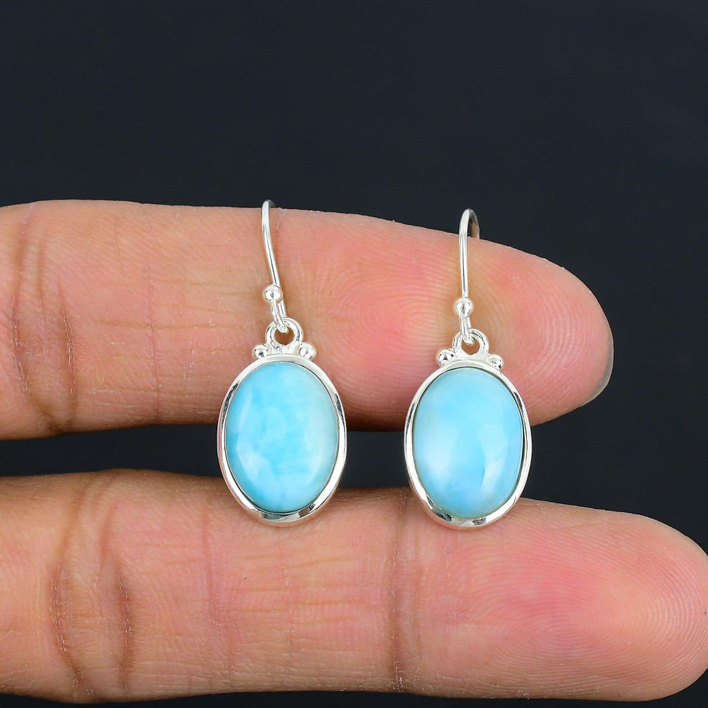 Natürliche Larimar-Edelstein-Ohrringe, massives 925er Sterlingsilber, handgefertigt, Tropfen-Ohrringe, Schmuck, Geschenk zum Valentinstag für die Liebe