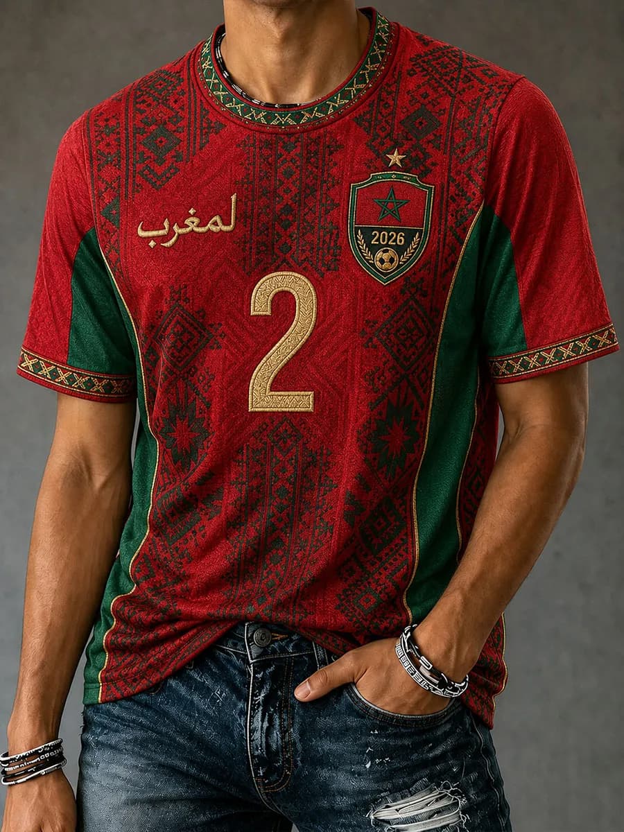 Huiteng12 2026 Marokko Voetbal Fans T-shirt Heren Rood Letterprint Korte Mouw T-shirt Team Voetbal Supporter Casual Sportshirt Top XL