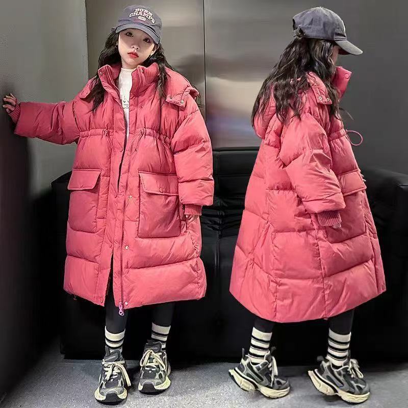 Girls Long Down Cotton Coat Over Knee Baby Winter Cotton Coat Fashionable Hooded Cotton Jacket