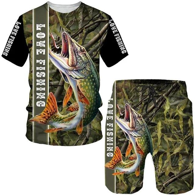 Mode Djurfiskekonst 3D-tryck T-shirts/shorts/kostymer Män Kvinnor Camping Jaktkläder Harajuku Par Sportkläder T-shirts Set