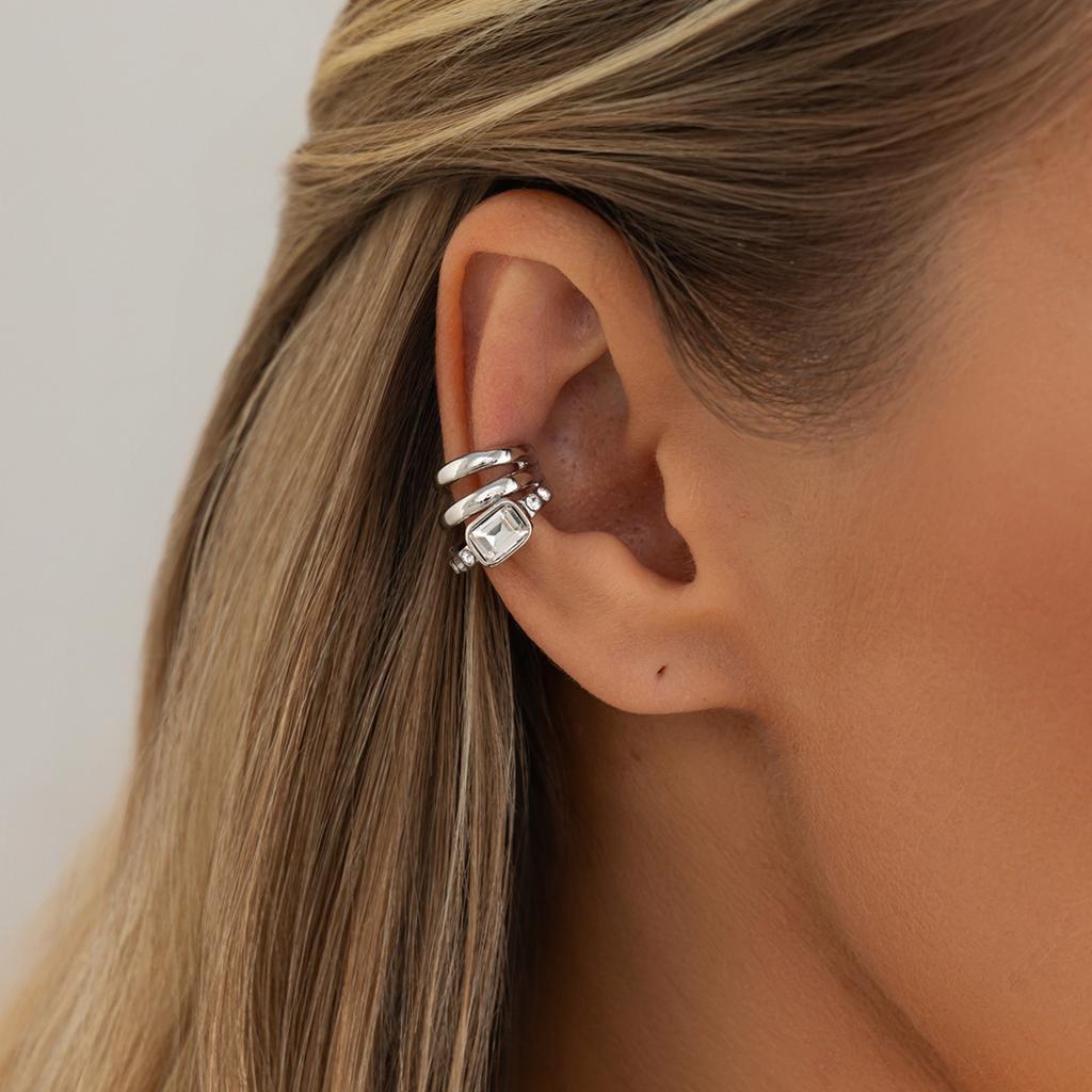 1Pc Simple Square Zircon Clip Earrings for Women Three Layer Luxury Rhinestone Ear Cuff Clip Without Pierced Ear Cuff Jewelry