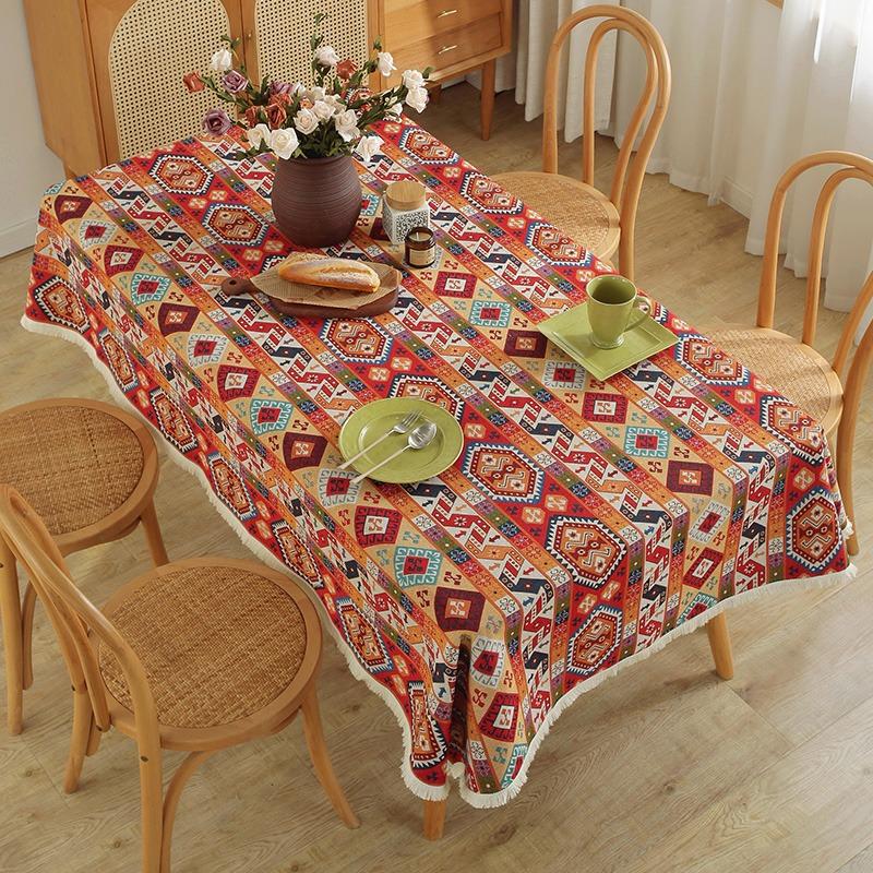 Bohemian Style Thick Cotton Linen Rectangular Tablecloth With Fringe 90*90cm