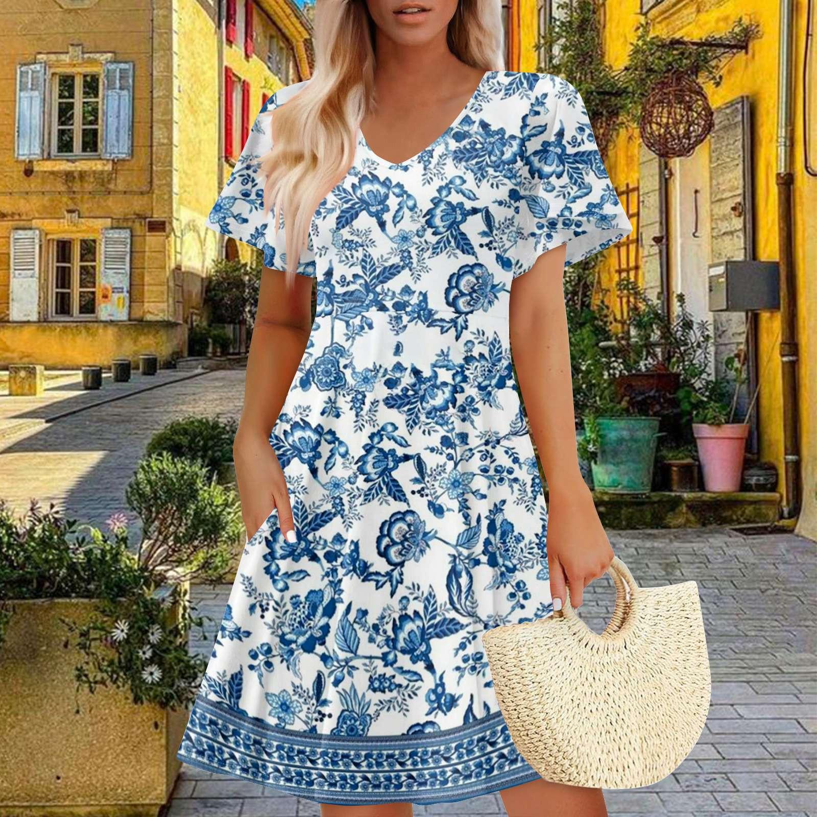 

Женское летнее платье повседневное свободное цветочное оборка с коротким рукавом сарафан пляжное платье А-силуэта с карманами M киноварь