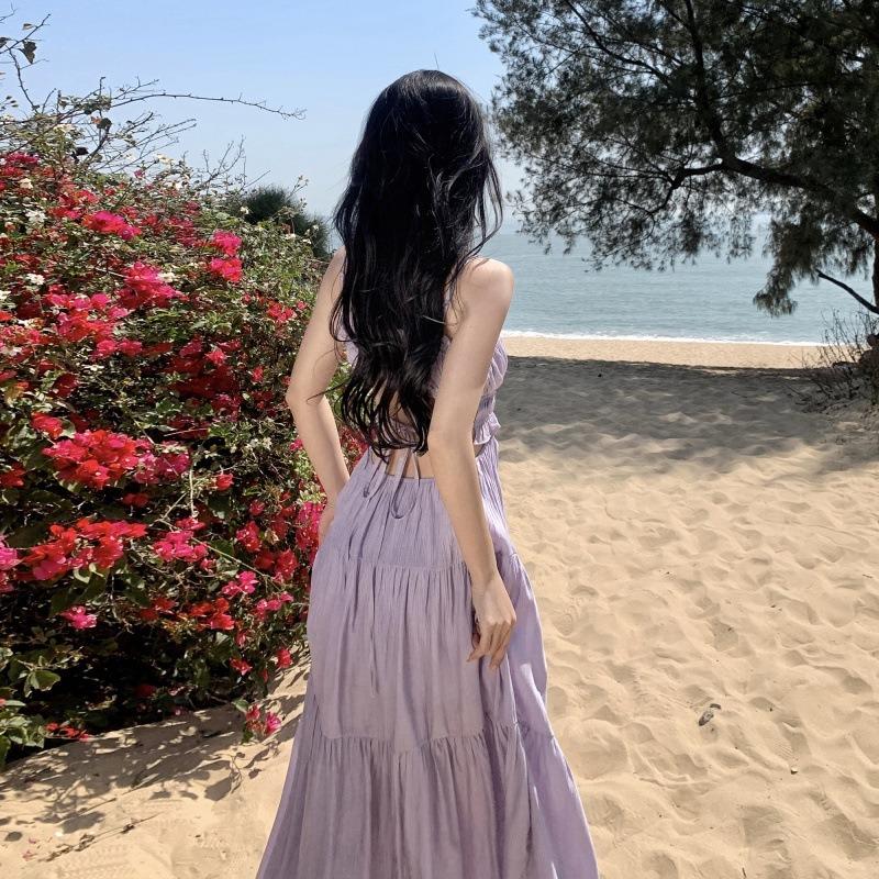 Summer Fairy Holiday Style Long Dress Large Skirt Exposed Waist French Sling Backless Dress